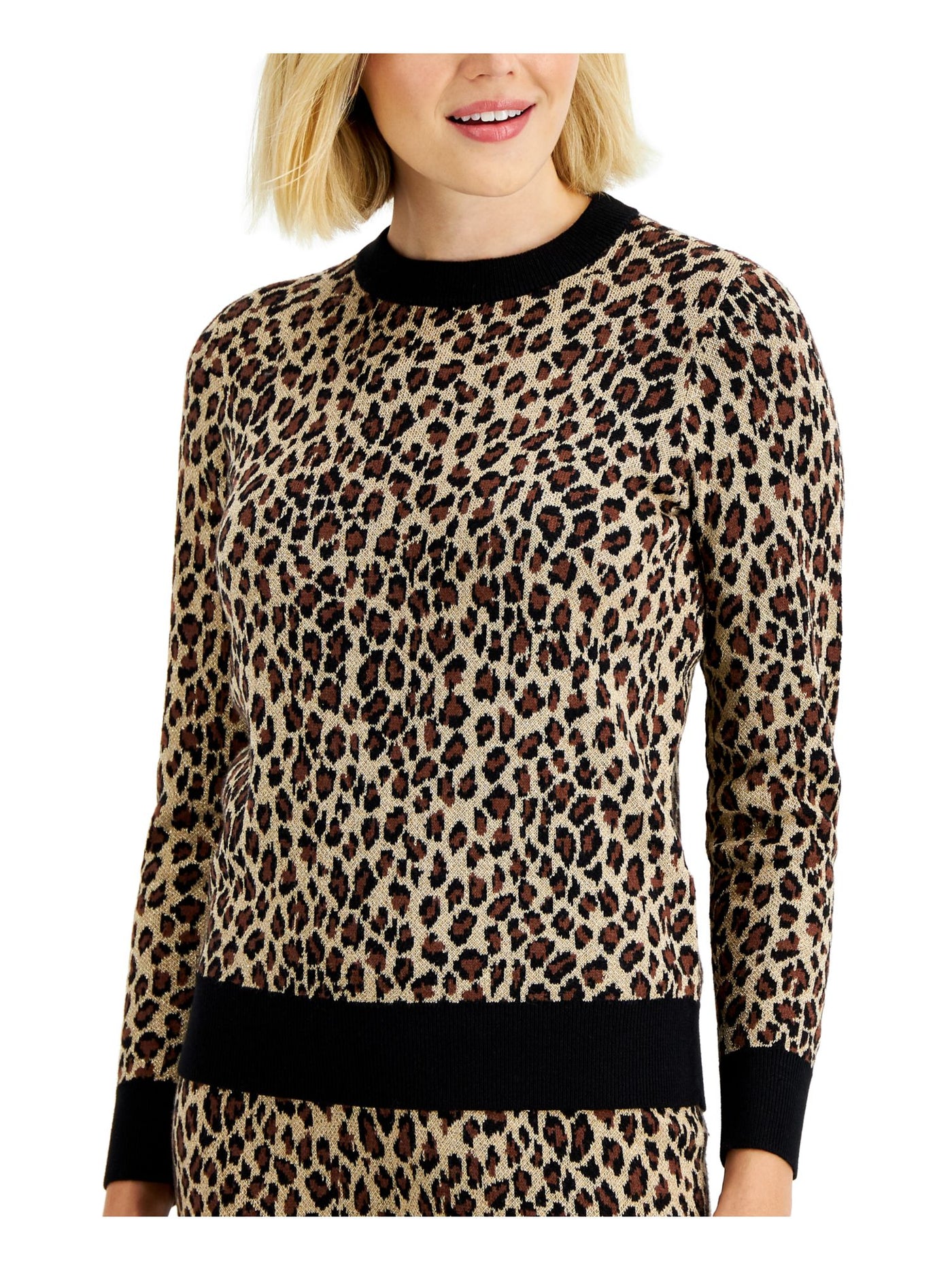CHARTER CLUB Womens Beige Cotton Blend Ribbed Animal Print Long Sleeve Crew Neck Sweater XL
