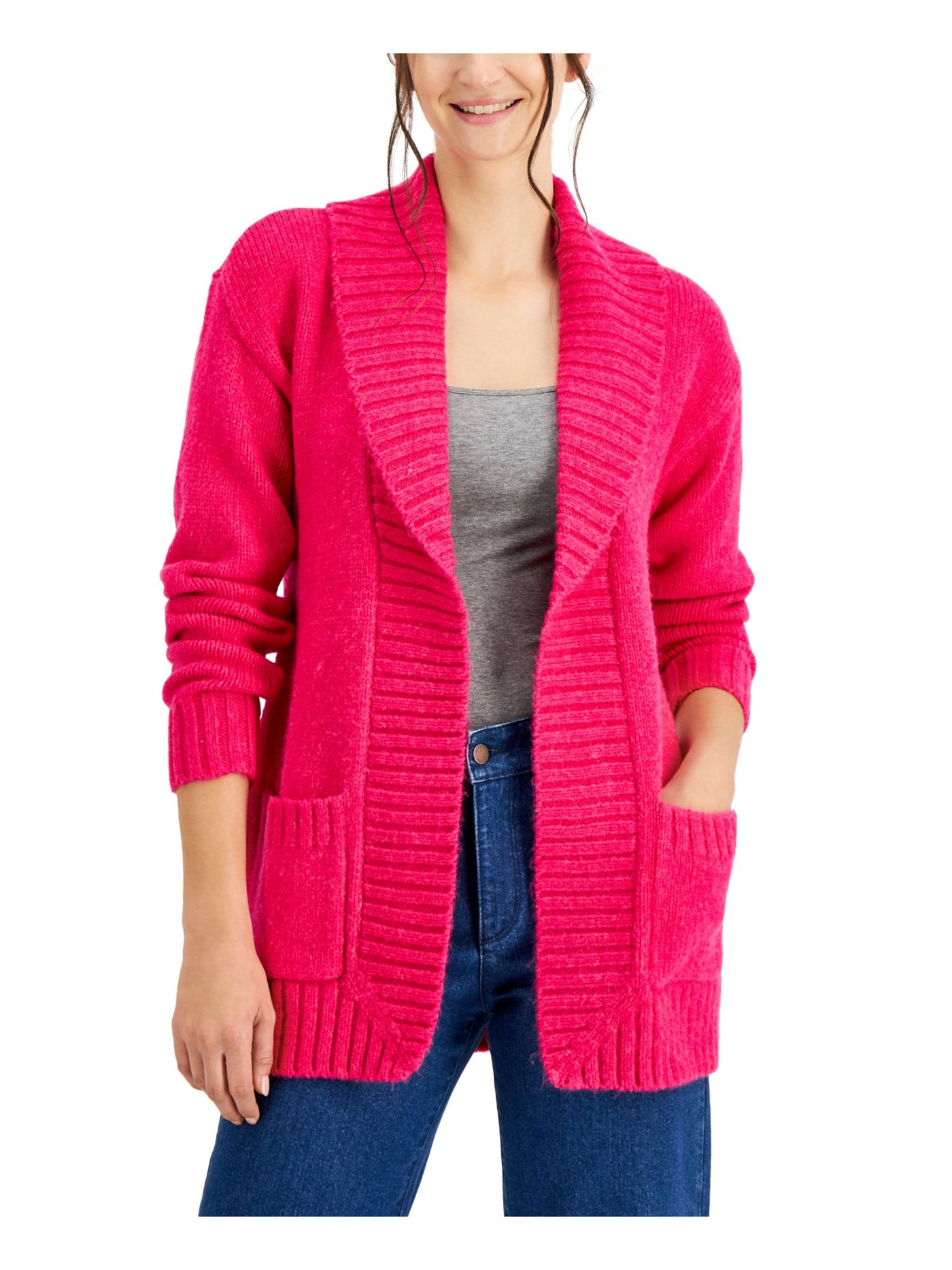 CHARTER CLUB Womens Pink Ribbed Pocketed Open Front Long Sleeve Shawl Collar Sweater XS