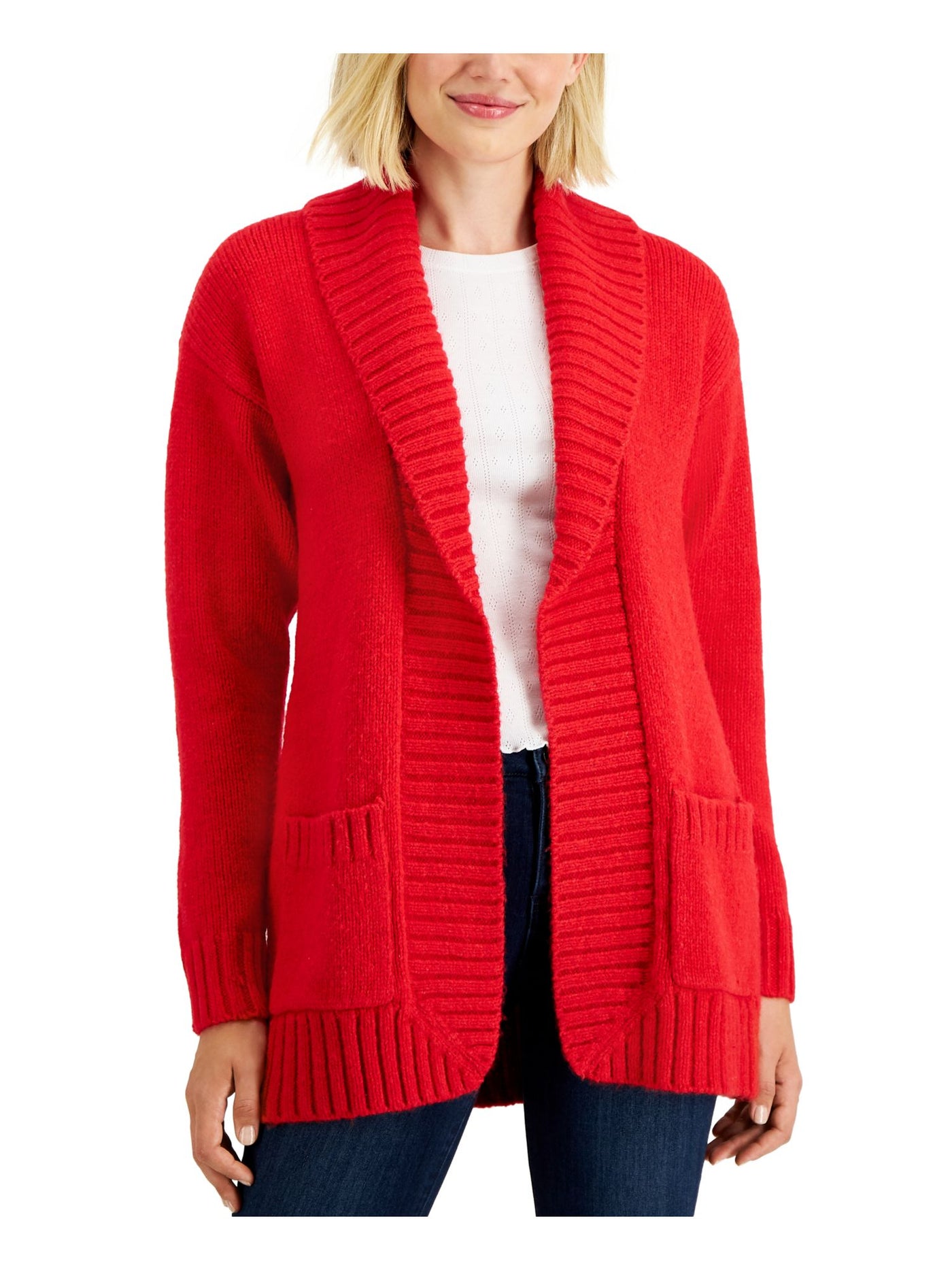 CHARTER CLUB Womens Red Ribbed Pocketed Open Front Long Sleeve Shawl Collar Sweater M