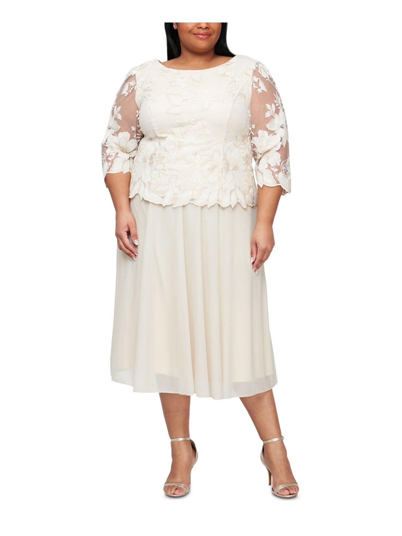 ALEX EVENINGS Womens Beige Embroidered Zippered Bra-friendly Lined Fitted Floral 3/4 Sleeve Round Neck Midi Formal Drop Waist Dress Plus 14W