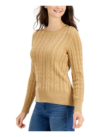 CHARTER CLUB Womens Gold Knit Glitter Button-shoulder Cable-knit Long Sleeve Crew Neck Sweater S