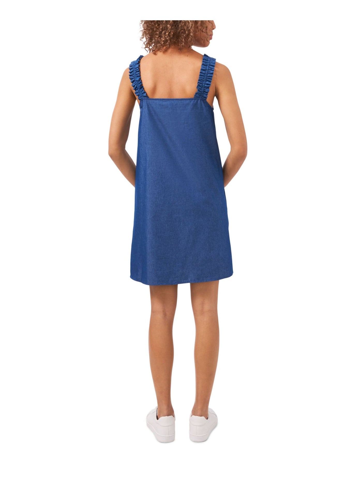 1. STATE Womens Blue Pocketed Ruffle Strap Sleeveless Square Neck Mini Shift Dress S
