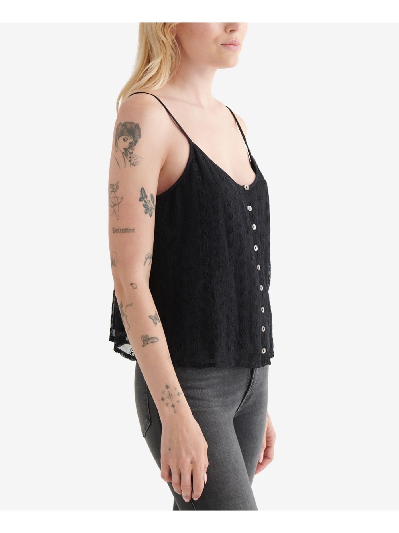 LUCKY BRAND Womens Black Embroidered Eyelet Button Front Lined Spaghetti Strap V Neck Tank Top XS