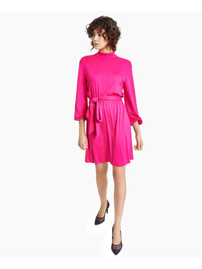 BAR III Womens Pink Stretch Tie Unlined Elastic Cuffs Balloon Sleeve Mock Neck Above The Knee Party Shift Dress XS