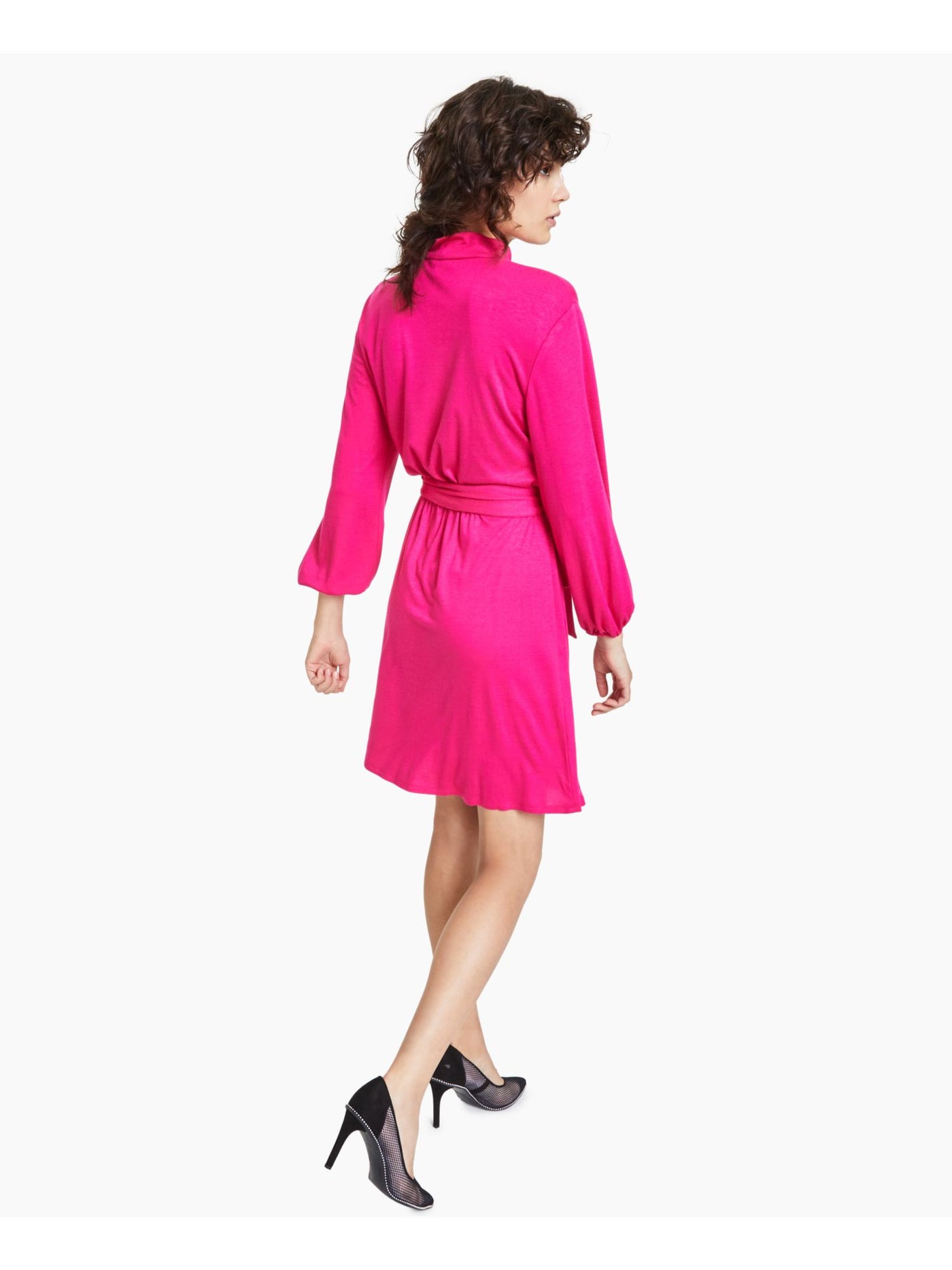 BAR III Womens Pink Stretch Tie Unlined Elastic Cuffs Balloon Sleeve Mock Neck Above The Knee Party Shift Dress XS