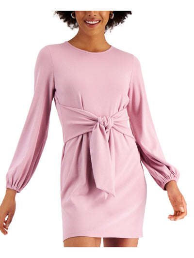 BAR III Womens Pink Stretch Ribbed Tie Elastic Cuffs Long Sleeve Jewel Neck Short Party Sheath Dress XL