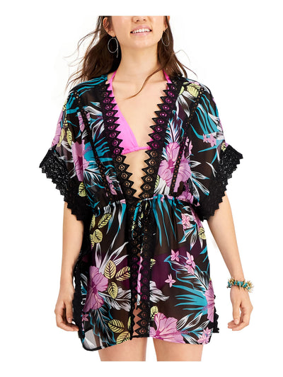 MIKEN Women's Black Floral Lace-Inset Tie-Front Kimono Deep V Neck Swimsuit Cover Up M