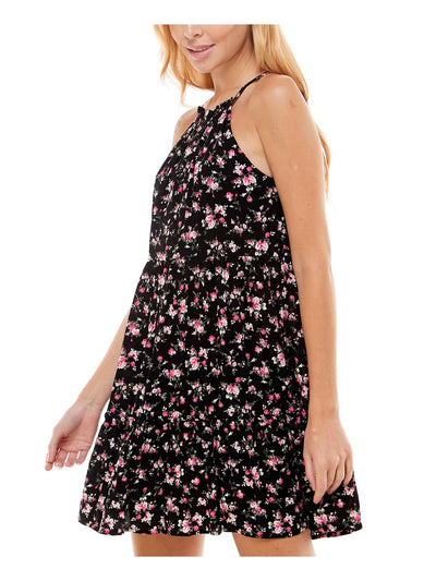 TRIXXI Womens Black Tie Floral Sleeveless Halter Short Fit + Flare Dress L