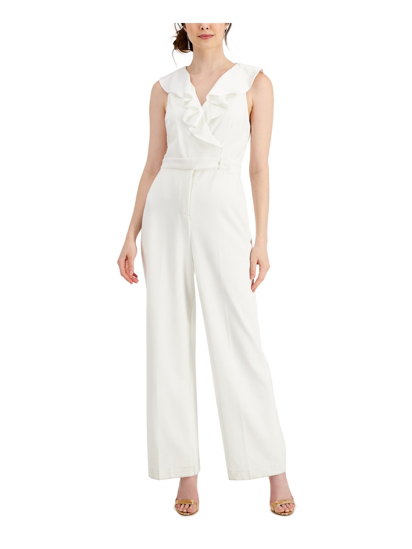 ADRIANNA PAPELL Womens White Stretch Ruffled Zippered Belted Sleeveless Surplice Neckline Formal Wide Leg Jumpsuit 0