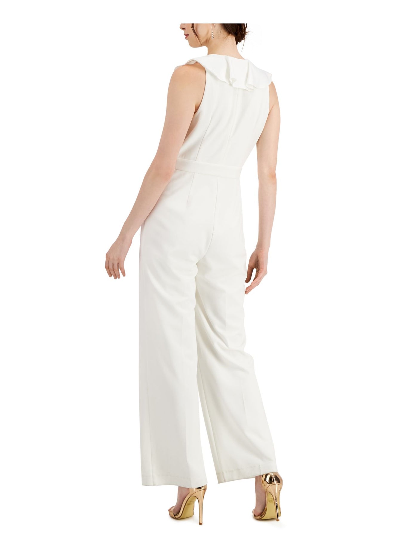 ADRIANNA PAPELL Womens White Stretch Ruffled Zippered Belted Sleeveless Surplice Neckline Formal Wide Leg Jumpsuit 0