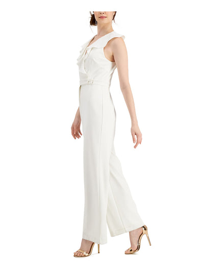 ADRIANNA PAPELL Womens White Stretch Ruffled Zippered Belted Sleeveless Surplice Neckline Formal Wide Leg Jumpsuit 0
