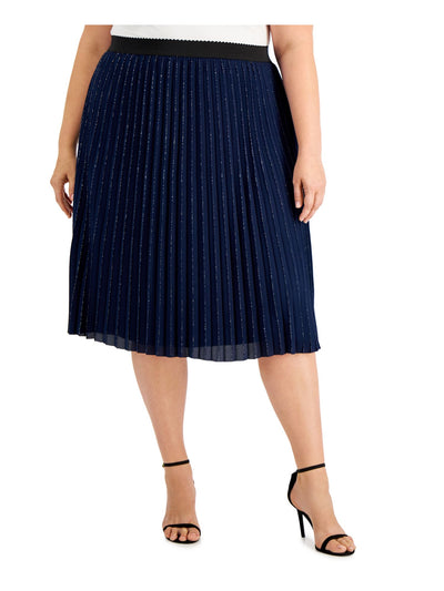 ADRIANNA PAPELL Womens Navy Metallic Pull On Styling Tea-Length Cocktail Pleated Skirt 2