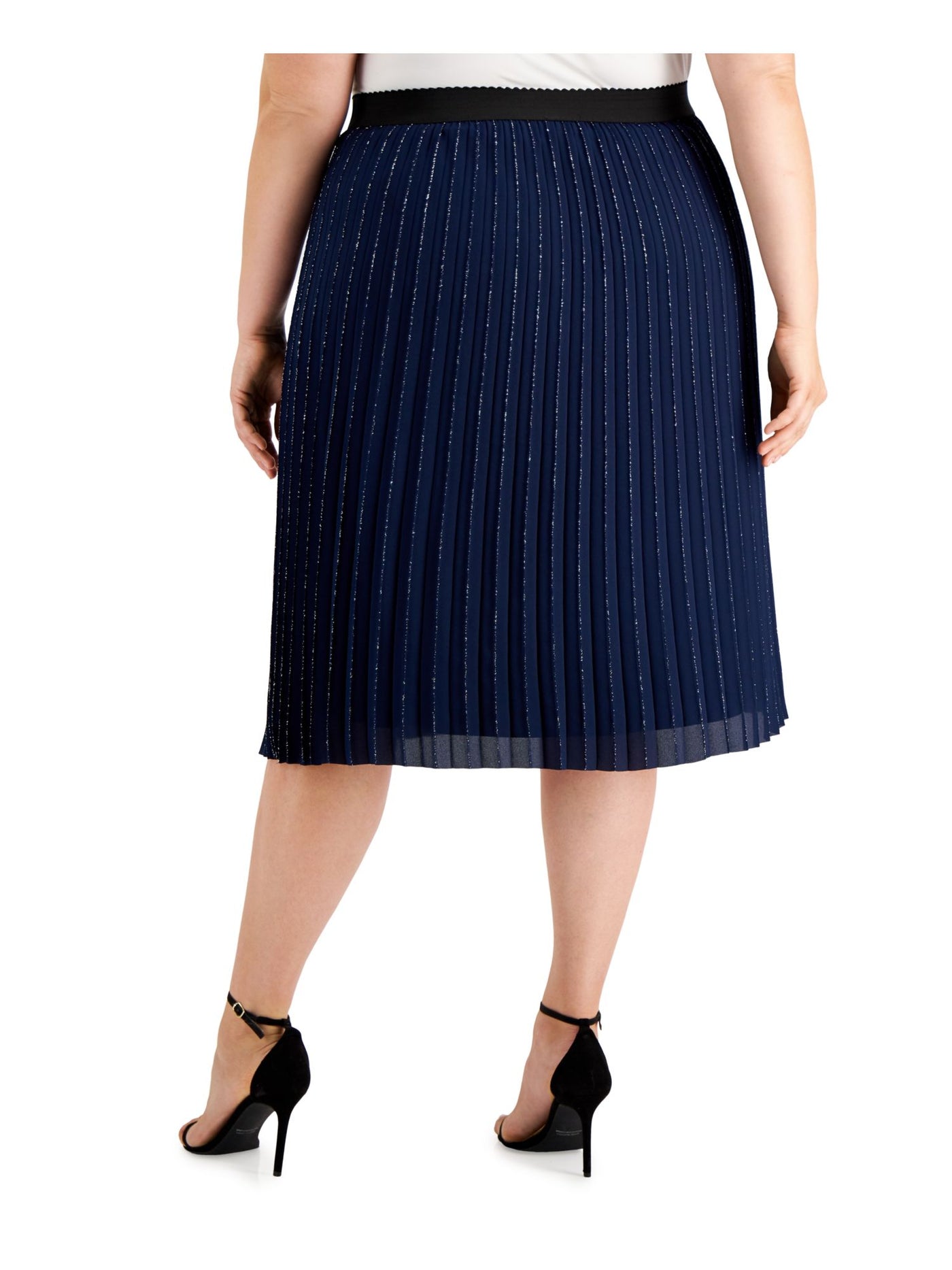 ADRIANNA PAPELL Womens Navy Metallic Pull On Styling Tea-Length Cocktail Pleated Skirt 2