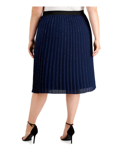 ADRIANNA PAPELL Womens Navy Metallic Pull On Styling Tea-Length Cocktail Pleated Skirt Plus 20W