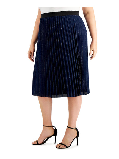 ADRIANNA PAPELL Womens Navy Metallic Pull On Styling Tea-Length Cocktail Pleated Skirt Plus 22W