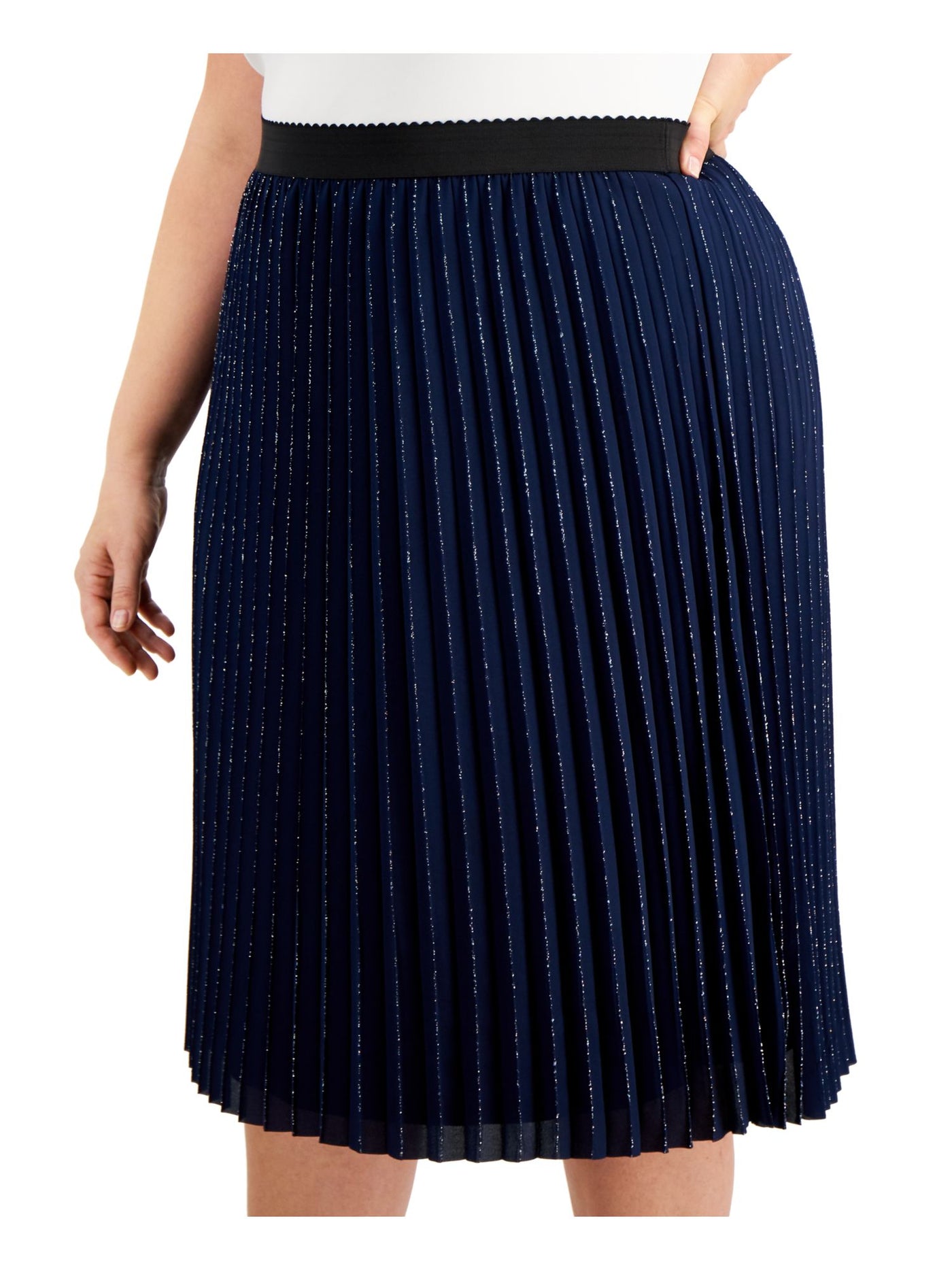 ADRIANNA PAPELL Womens Navy Metallic Pull On Styling Tea-Length Cocktail Pleated Skirt Plus 18W