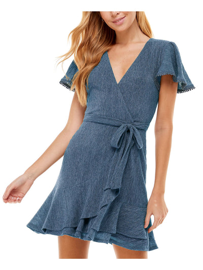 CITY STUDIO Womens Blue Ruffled Zippered Keyhole Back Belted Pom-pom Trim Heather Flutter Sleeve Surplice Neckline Short Party Fit + Flare Dress 13