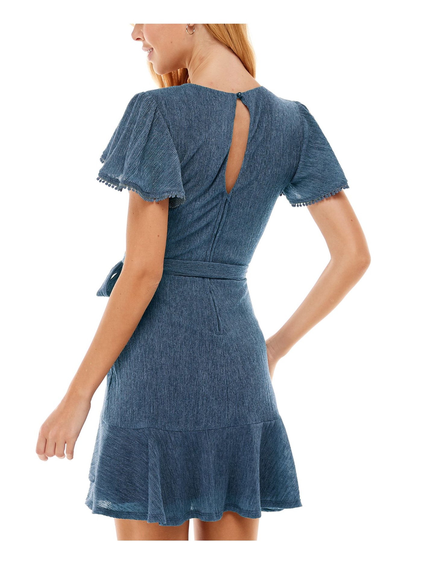 CITY STUDIO Womens Blue Ruffled Zippered Keyhole Back Belted Pom-pom Trim Heather Flutter Sleeve Surplice Neckline Short Party Fit + Flare Dress 5