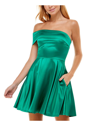 CITY STUDIO Womens Green Stretch Zippered Darted One Shoulder Sleeveless Off Shoulder Short Party Fit + Flare Dress Juniors 5