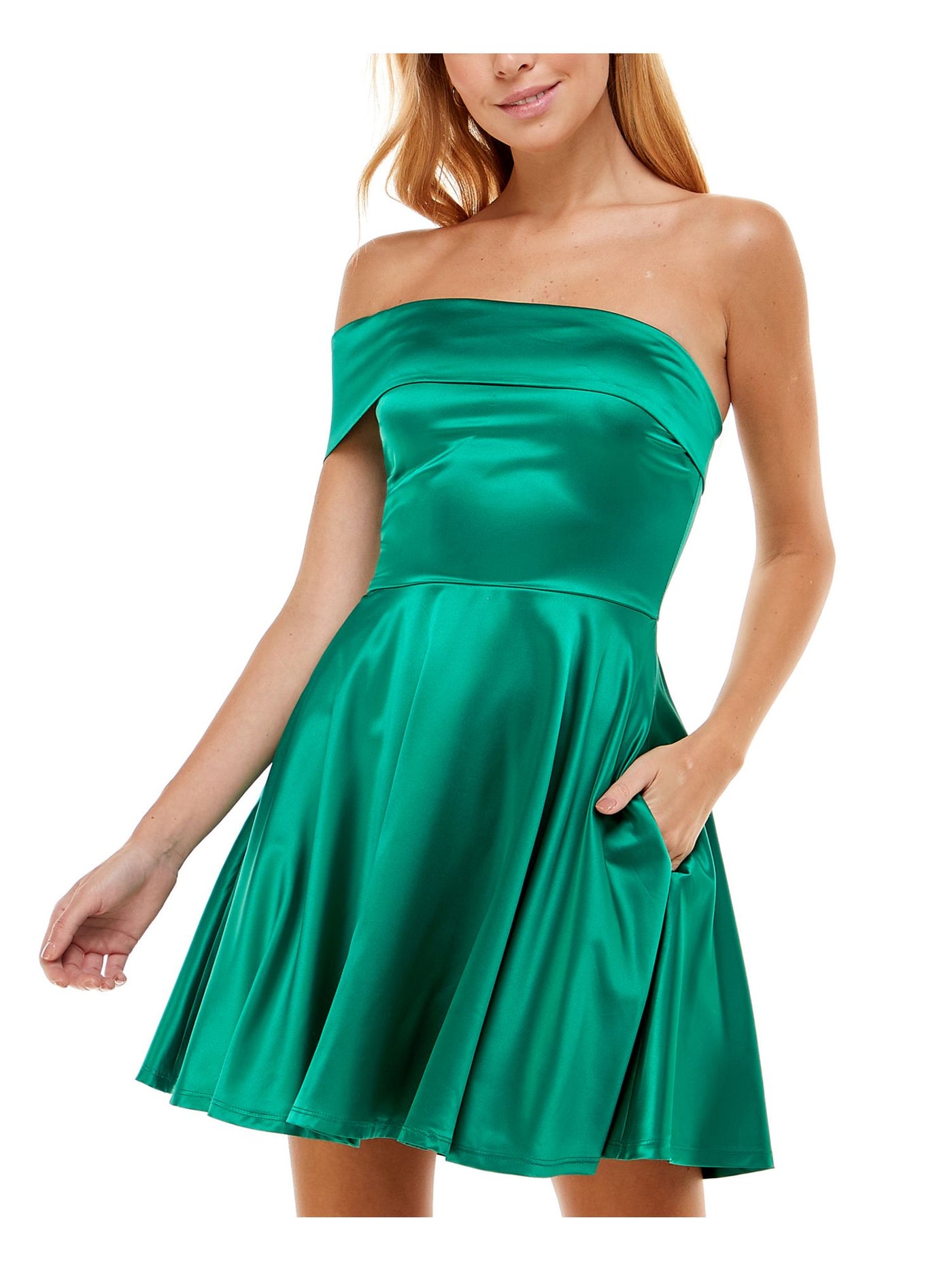 CITY STUDIO Womens Green Stretch Zippered Darted One Shoulder Sleeveless Off Shoulder Short Party Fit + Flare Dress Juniors 17