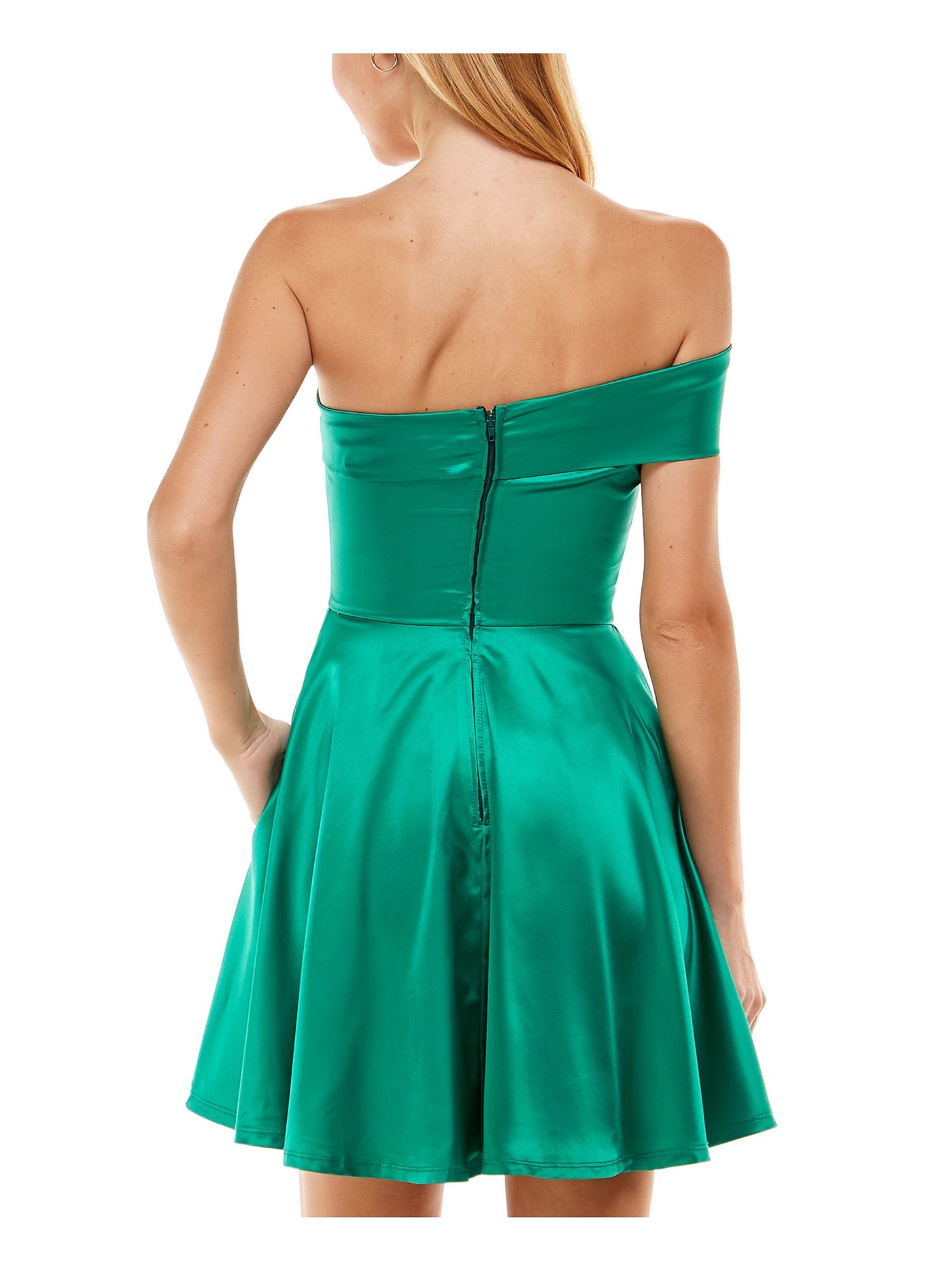 CITY STUDIO Womens Green Stretch Zippered Darted One Shoulder Sleeveless Off Shoulder Short Party Fit + Flare Dress 11