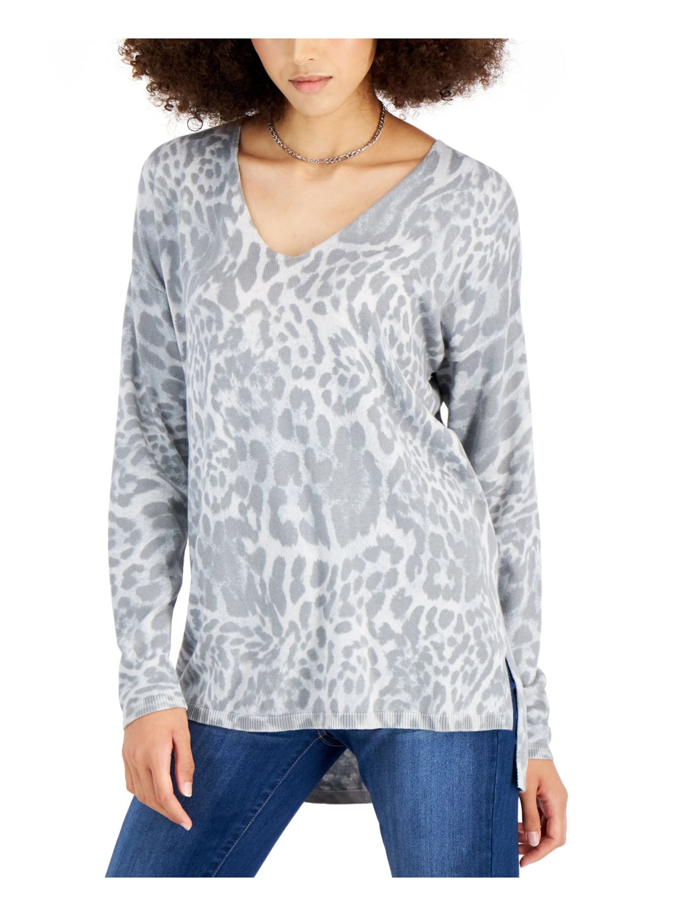 INC Womens Gray Animal Print Long Sleeve V Neck Sweater S