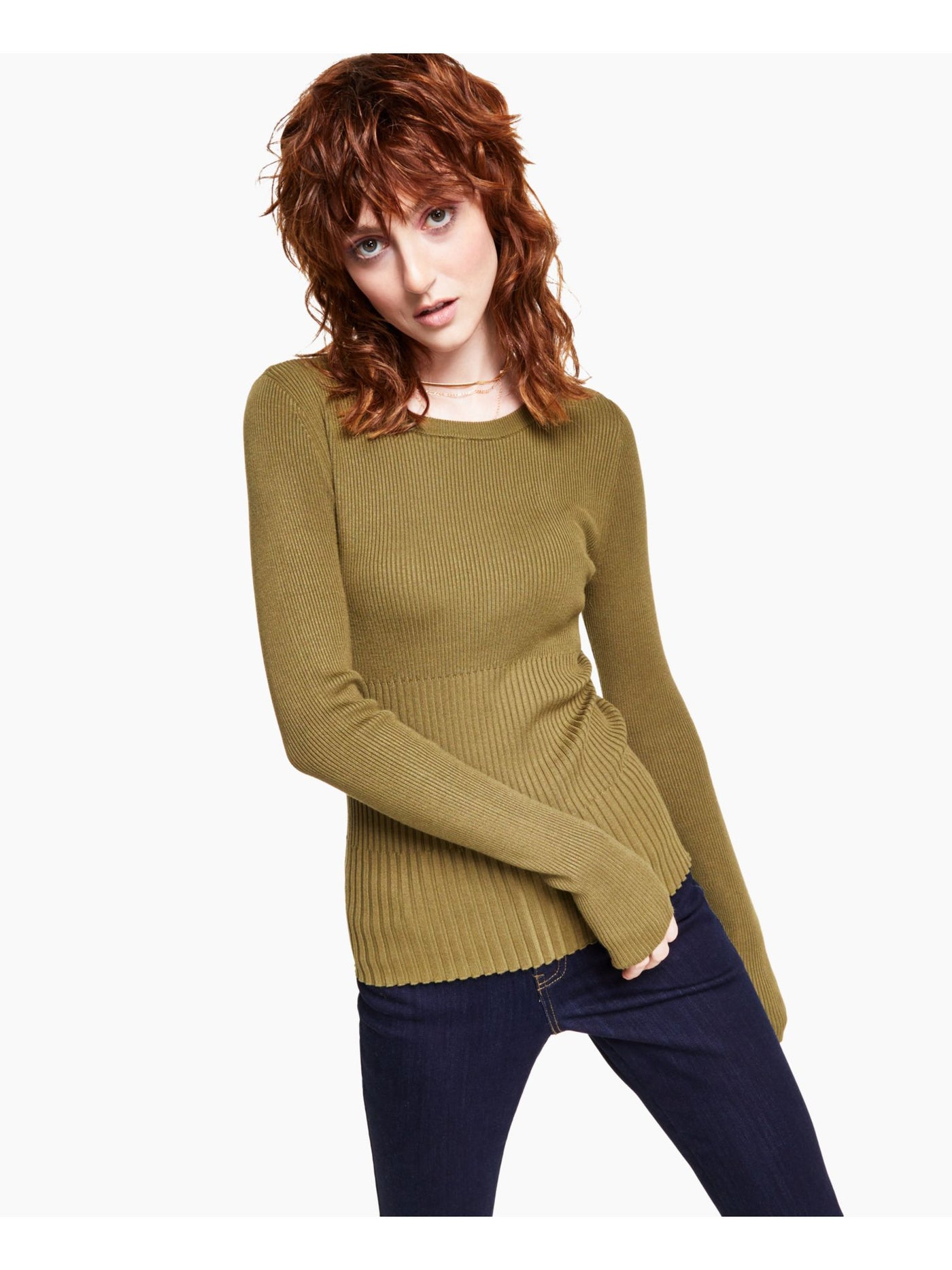 INC Womens Green Fitted Ribbed Long Sleeve Crew Neck Sweater M