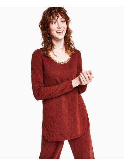 INC Womens Brown Textured Chain Embellished Ribbed Trim Long Sleeve Scoop Neck Wear To Work Tunic Sweater S