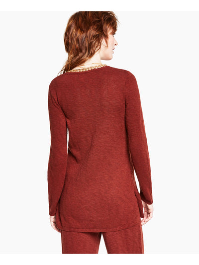 INC Womens Brown Textured Chain Embellished Ribbed Trim Long Sleeve Scoop Neck Wear To Work Tunic Sweater S