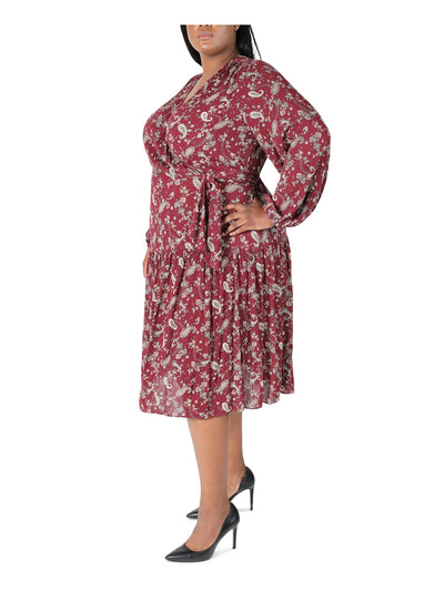 SIGNATURE BY ROBBIE BEE Womens Maroon Tie Crinkle Paisley Balloon Sleeve Surplice Neckline Midi Party Faux Wrap Dress Plus 2X