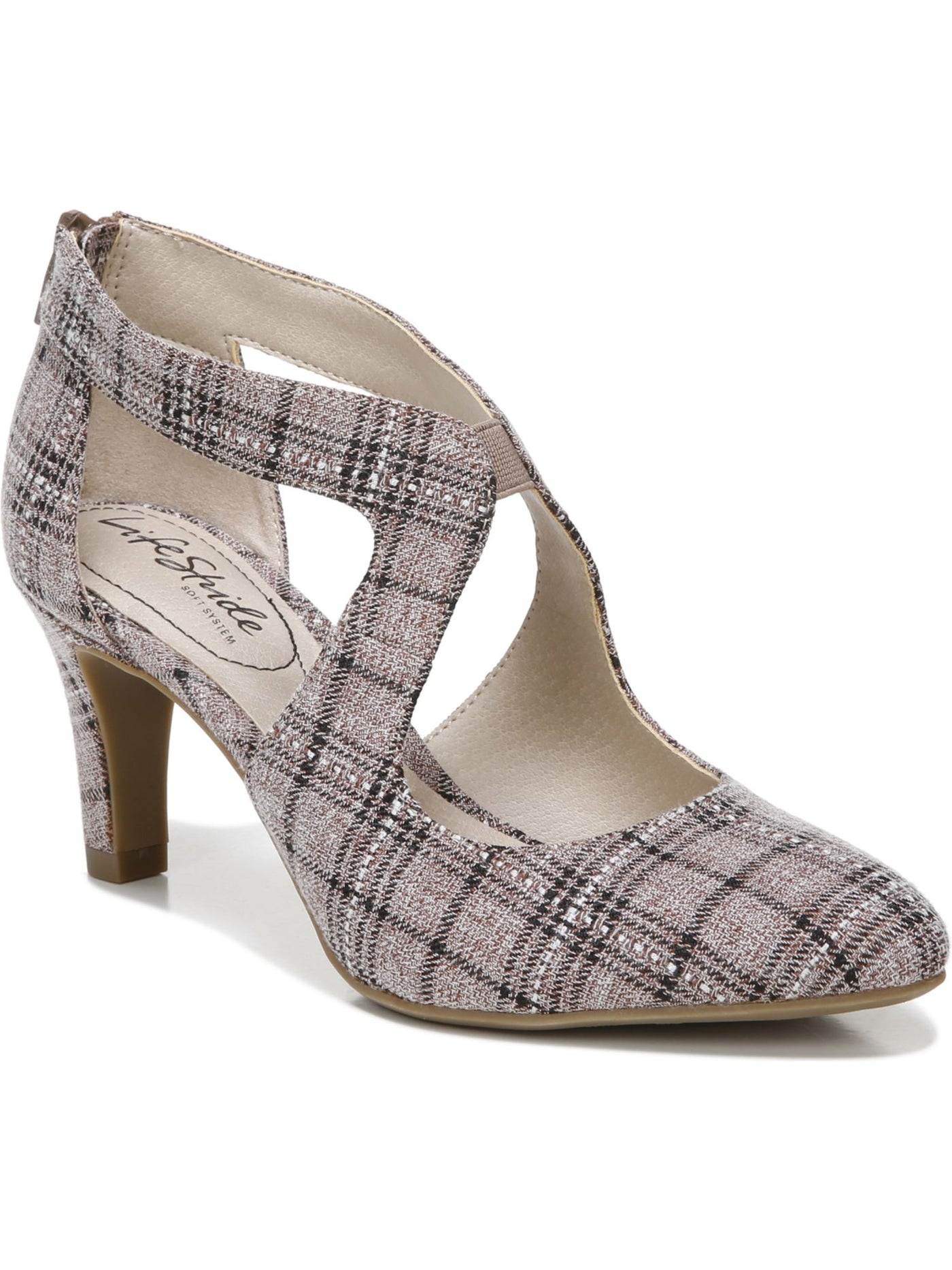 LIFE STRIDE Womens Brown Plaid Cut Out Goring Cushioned Giovanna 2 Almond Toe Block Heel Zip-Up Pumps Shoes 7.5 W