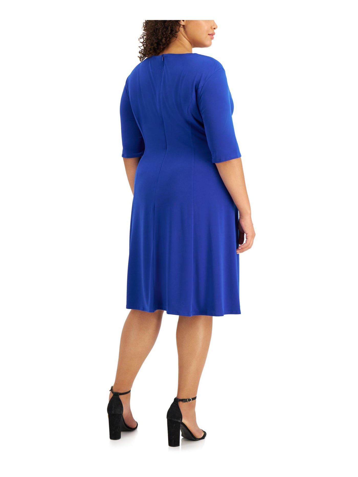 LONDON TIMES Womens Blue Stretch Zippered Round Neck With Cutouts Elbow Sleeve V Neck Knee Length Wear To Work Fit + Flare Dress Plus 16W