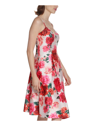 ELIZA J Womens Red Zippered Pocketed Front Padding Pleated Floral Spaghetti Strap Sweetheart Neckline Knee Length Party Fit + Flare Dress Juniors 6