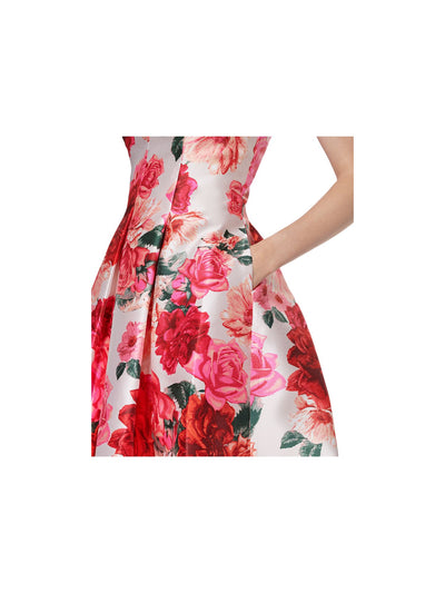 ELIZA J Womens Red Zippered Pocketed Front Padding Pleated Floral Spaghetti Strap Sweetheart Neckline Knee Length Party Fit + Flare Dress