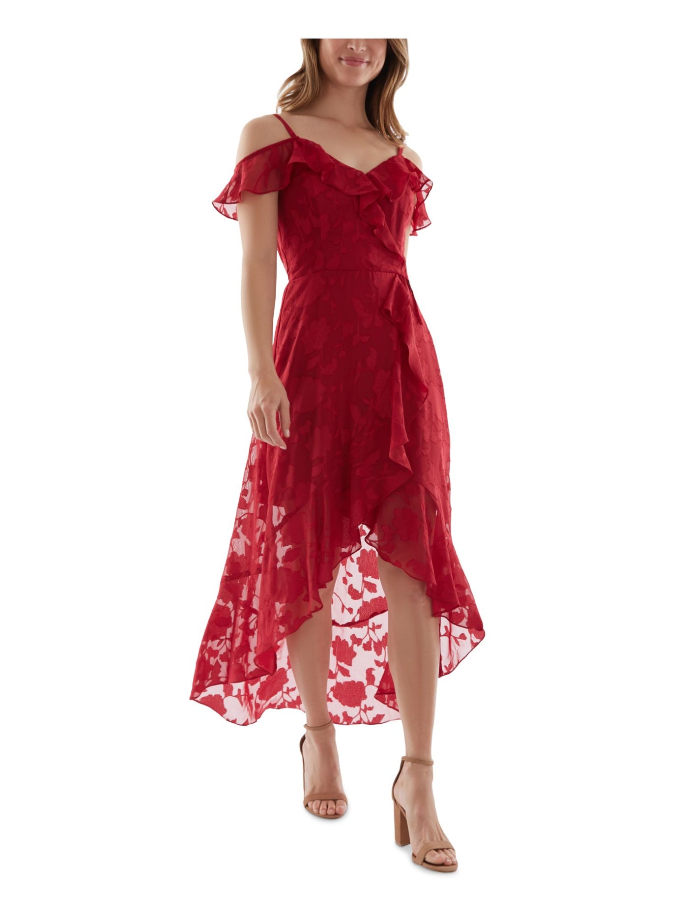 BCX Womens Red Cold Shoulder Ruffled Burnout Lined Floral Flutter Sleeve V Neck Maxi Evening Hi-Lo Dress XS
