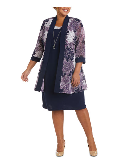 R&M RICHARDS Womens Purple Open Front Sheer 3/4 Sleeves Printed Wear To Work Cardigan Plus 20W