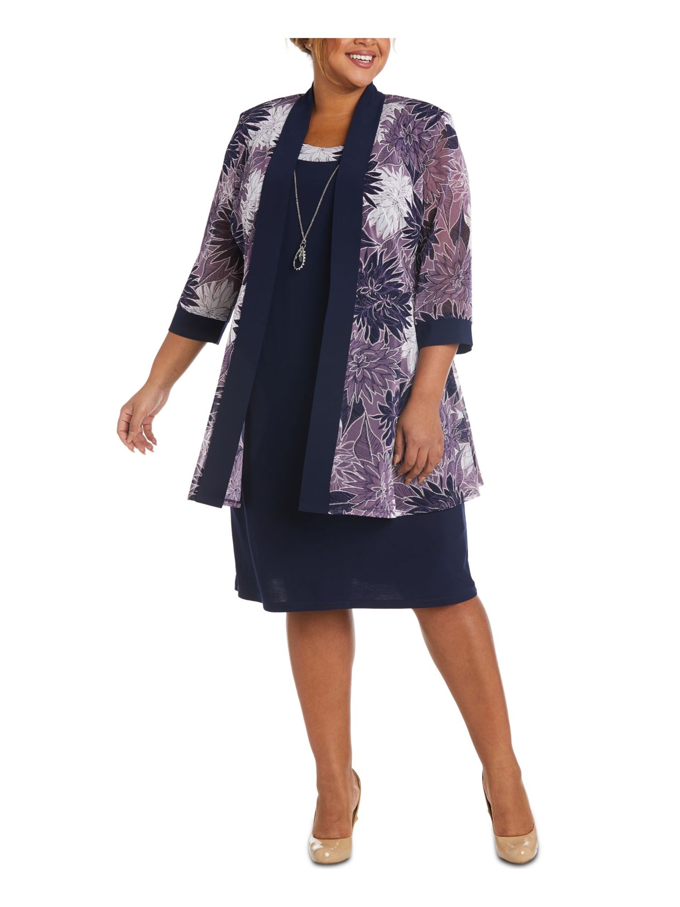 R&M RICHARDS WOMAN Womens Navy Sheer Solid Contrast Trim Floral 3/4 Sleeve Open Front Wear To Work Cardigan Plus 20W