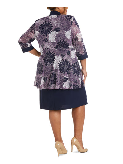 R&M RICHARDS Womens Navy Open Front Sheer 3/4 Sleeves Printed Wear To Work Cardigan Plus 18W