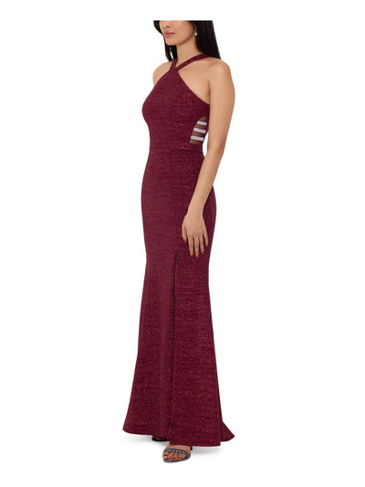 XSCAPE Womens Burgundy Glitter Embellished Slitted Zippered Mesh Padded Sleeveless Halter Full-Length Formal Gown Dress 6