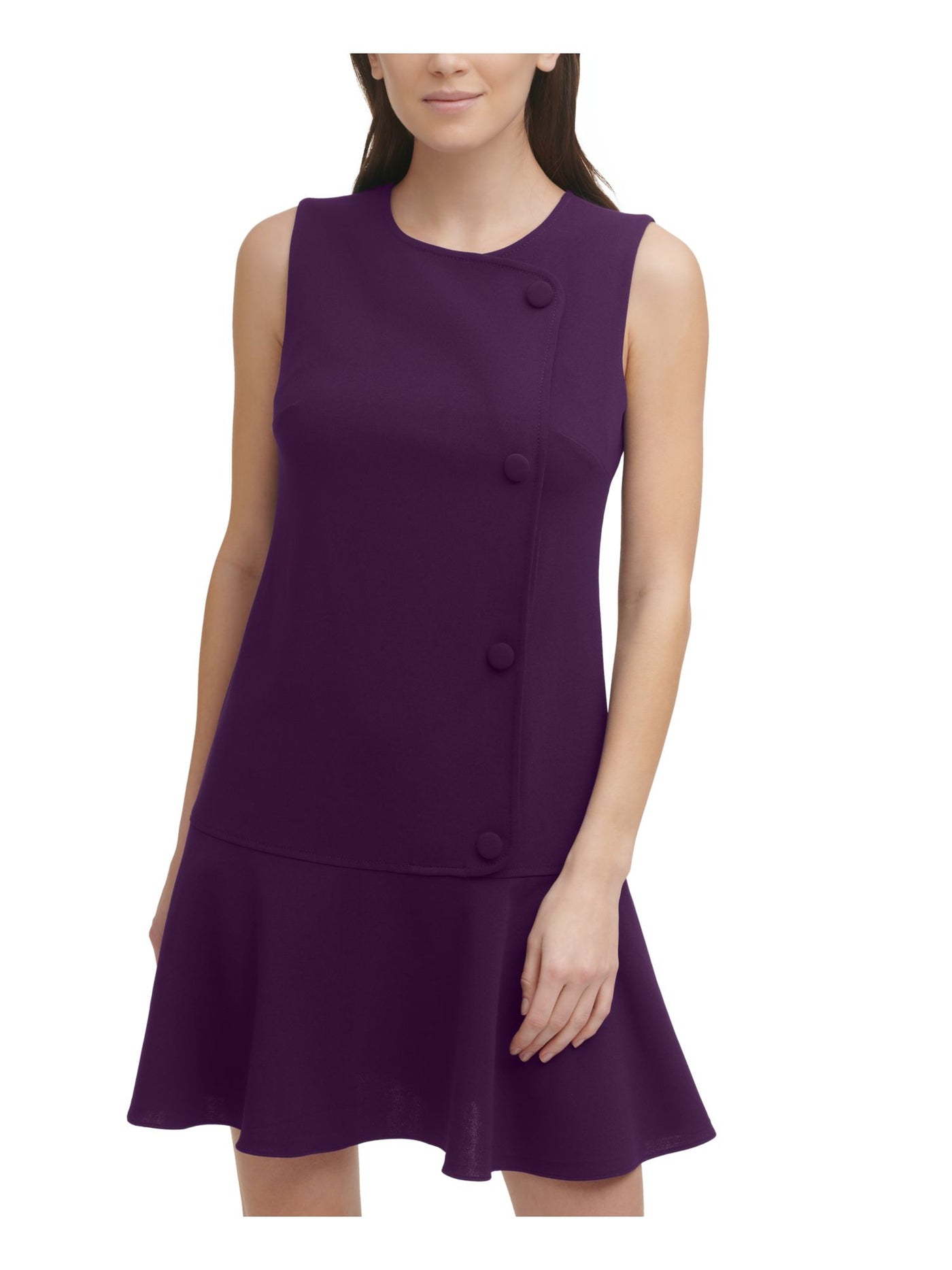 DKNY Womens Purple Stretch Zippered Fitted Faux Button Sleeveless Round Neck Short Wear To Work Drop Waist Dress 12