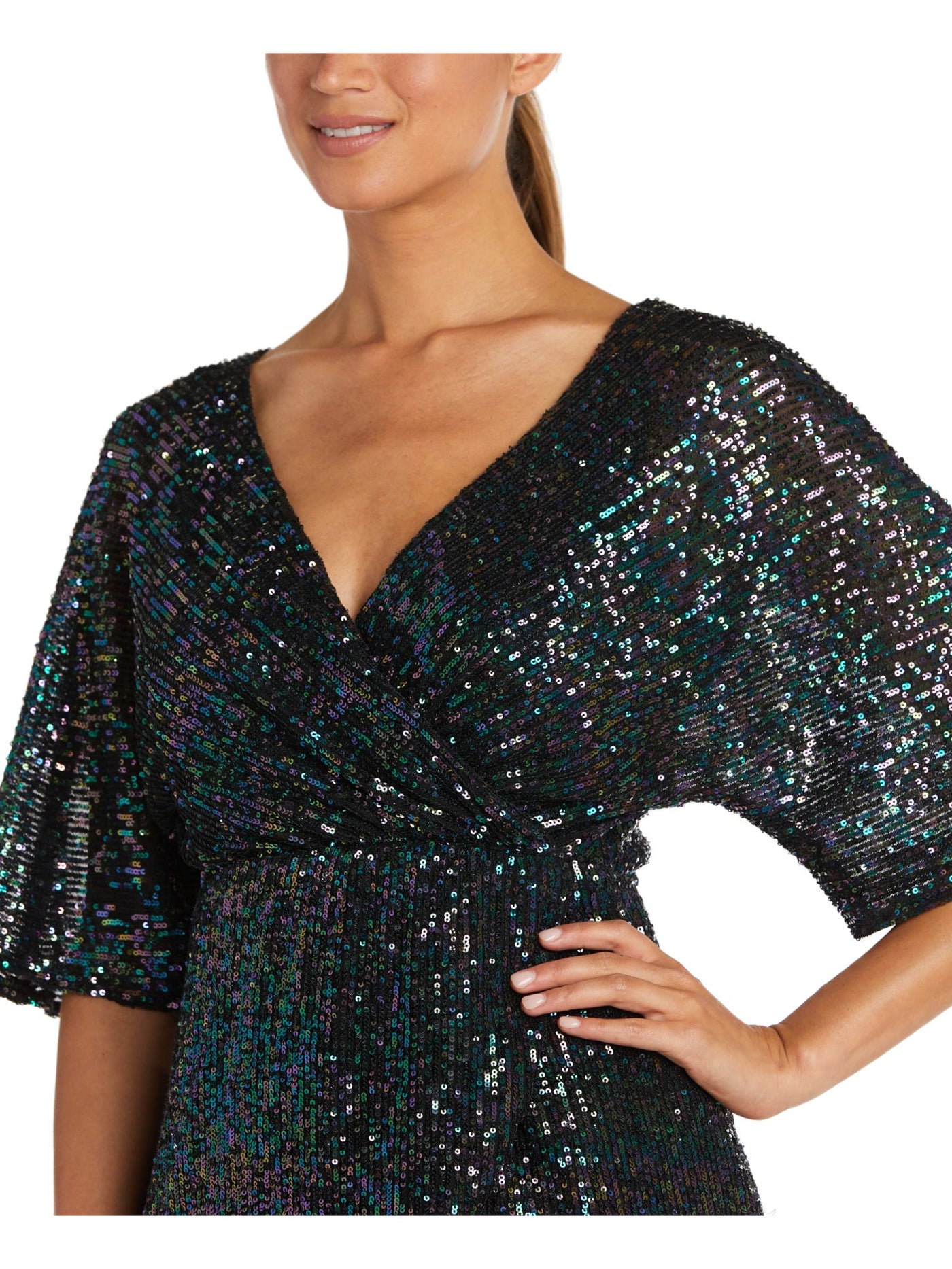 MORGAN & CO Womens Black Sequined Zippered Lined Elbow Sleeve Surplice Neckline Mini Party Faux Wrap Dress Juniors 3