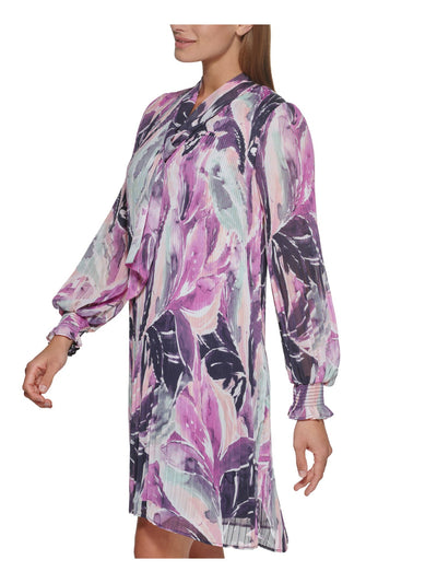 DKNY Womens Purple Pleated Smocked Lined Printed Blouson Sleeve Tie Neck Above The Knee Wear To Work Shift Dress 2