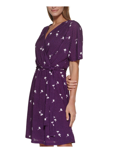 DKNY Womens Purple Zippered Belted Ribbed Printed Dolman Sleeve Surplice Neckline Above The Knee Party Fit + Flare Dress 6