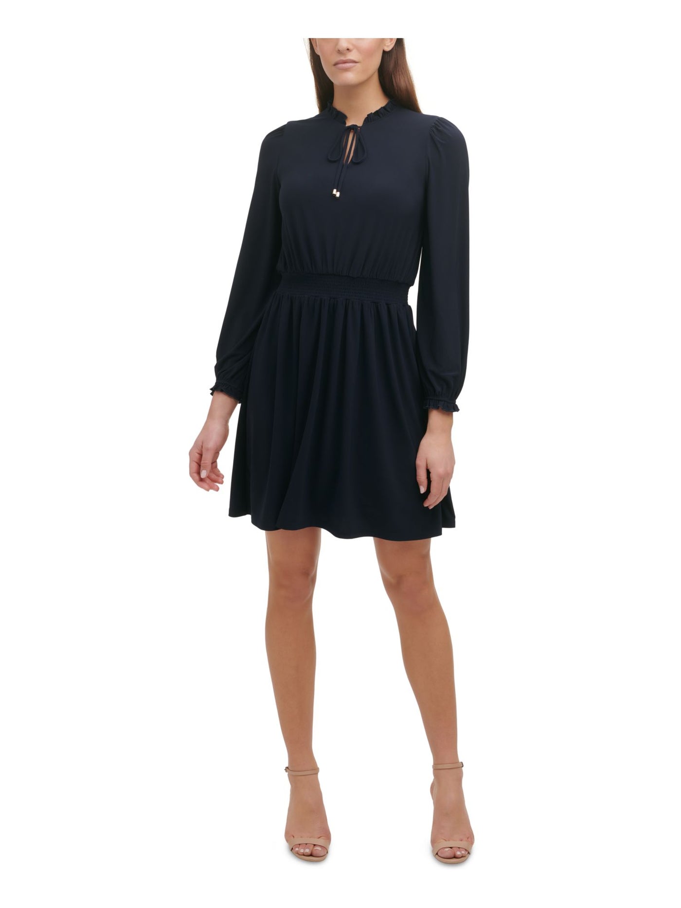 TOMMY HILFIGER Womens Navy Stretch Smocked Ruffled Tie At Neck Long Sleeve Split Above The Knee Wear To Work Fit + Flare Dress 12
