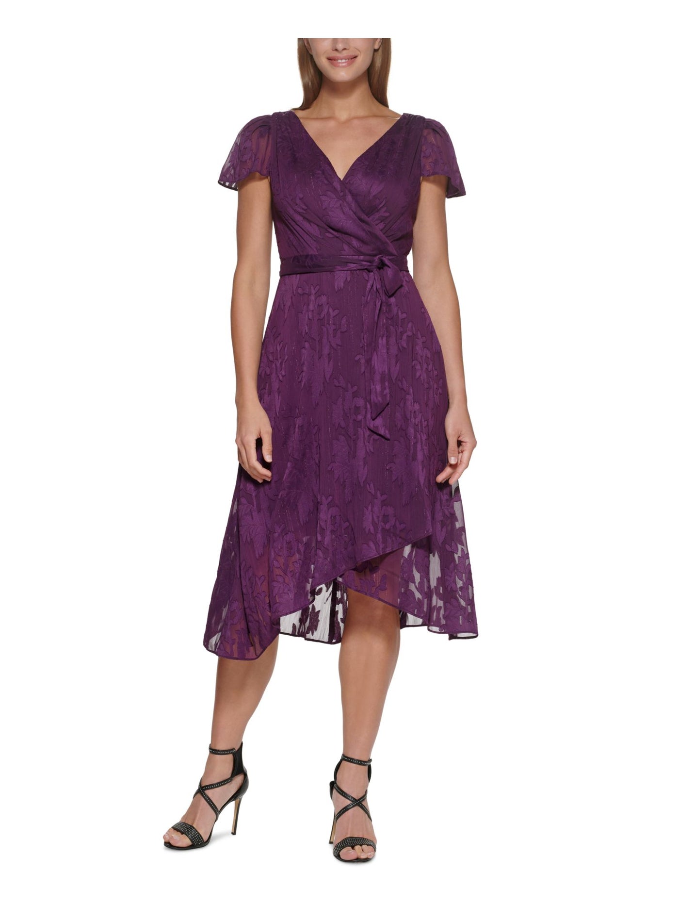 DKNY Womens Purple Zippered Belted Metallic Floral Flutter Sleeve Surplice Neckline Midi Evening Wrap Dress 6