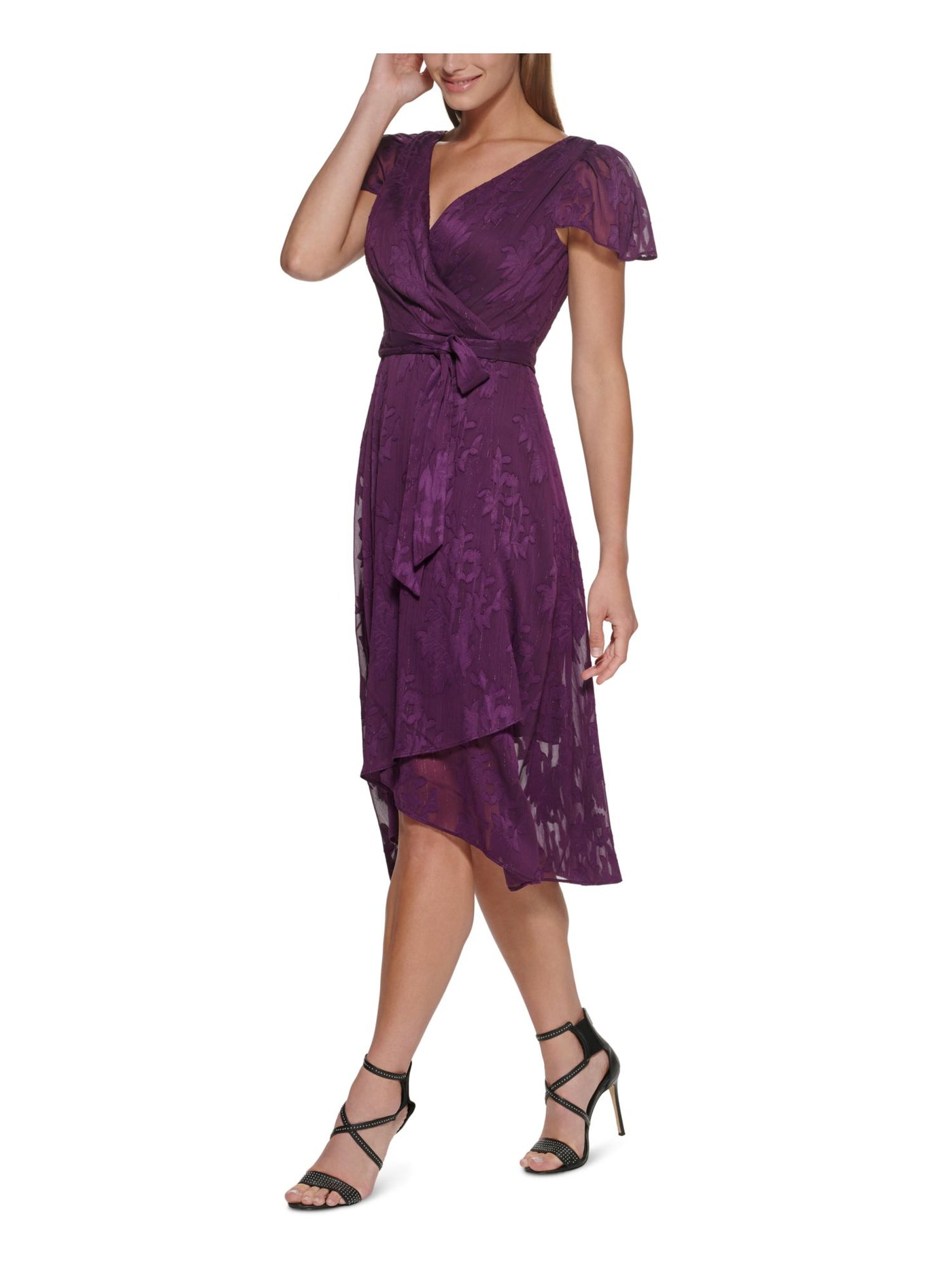 DKNY Womens Purple Zippered Belted Metallic Floral Flutter Sleeve Surplice Neckline Midi Evening Wrap Dress 16