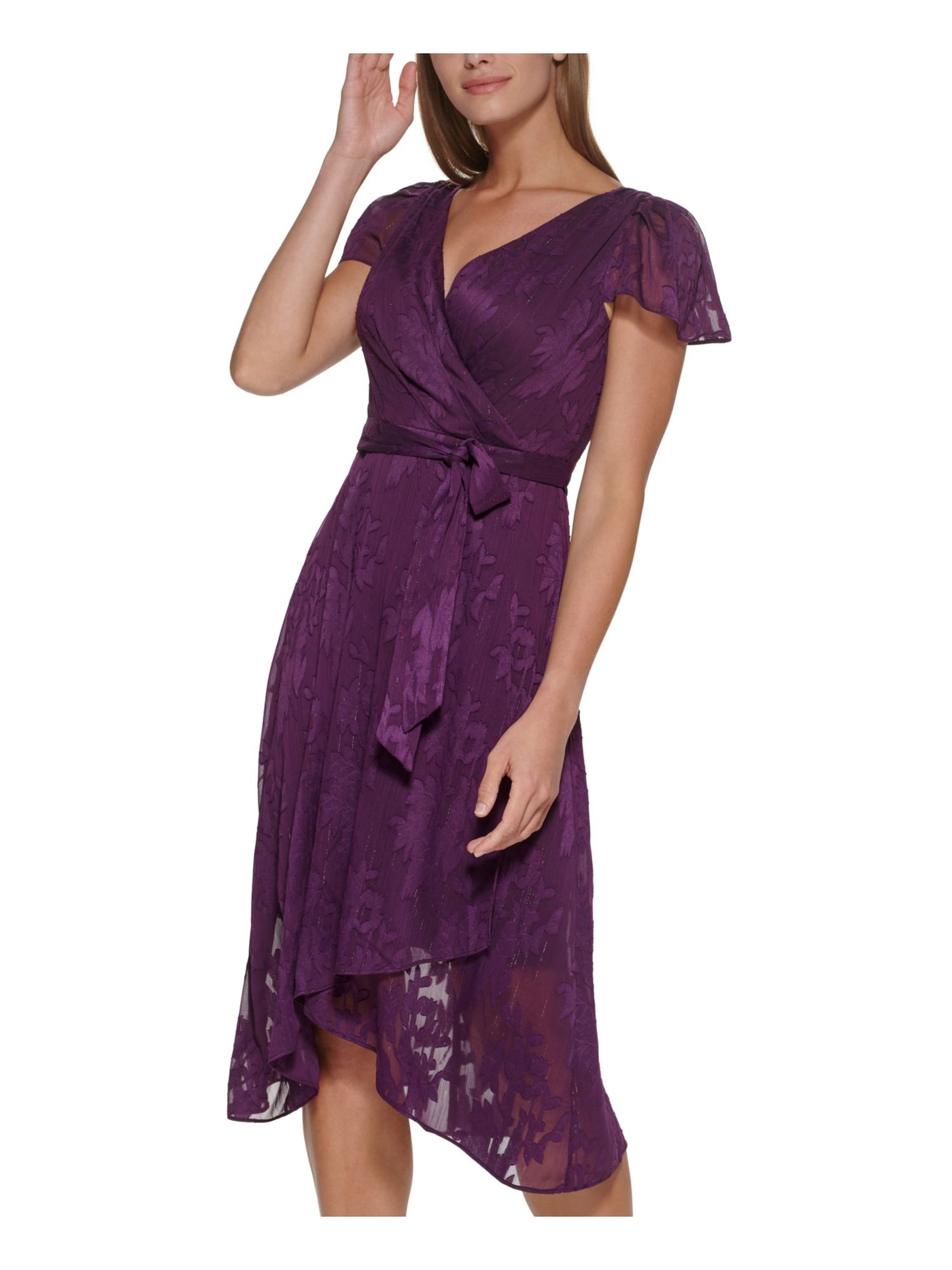 DKNY Womens Purple Zippered Belted Metallic Floral Flutter Sleeve Surplice Neckline Midi Evening Wrap Dress 2