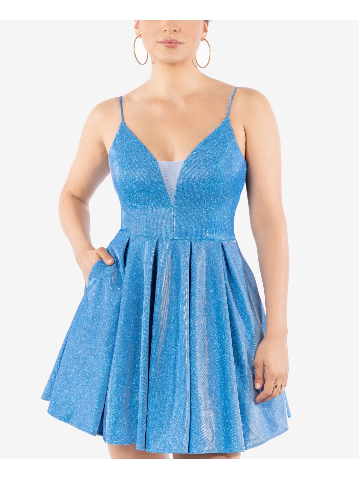 B DARLIN Womens Blue Stretch Zippered Pocketed Glitter Mesh Inset V Neck Short Party Fit + Flare Dress Juniors 11\12