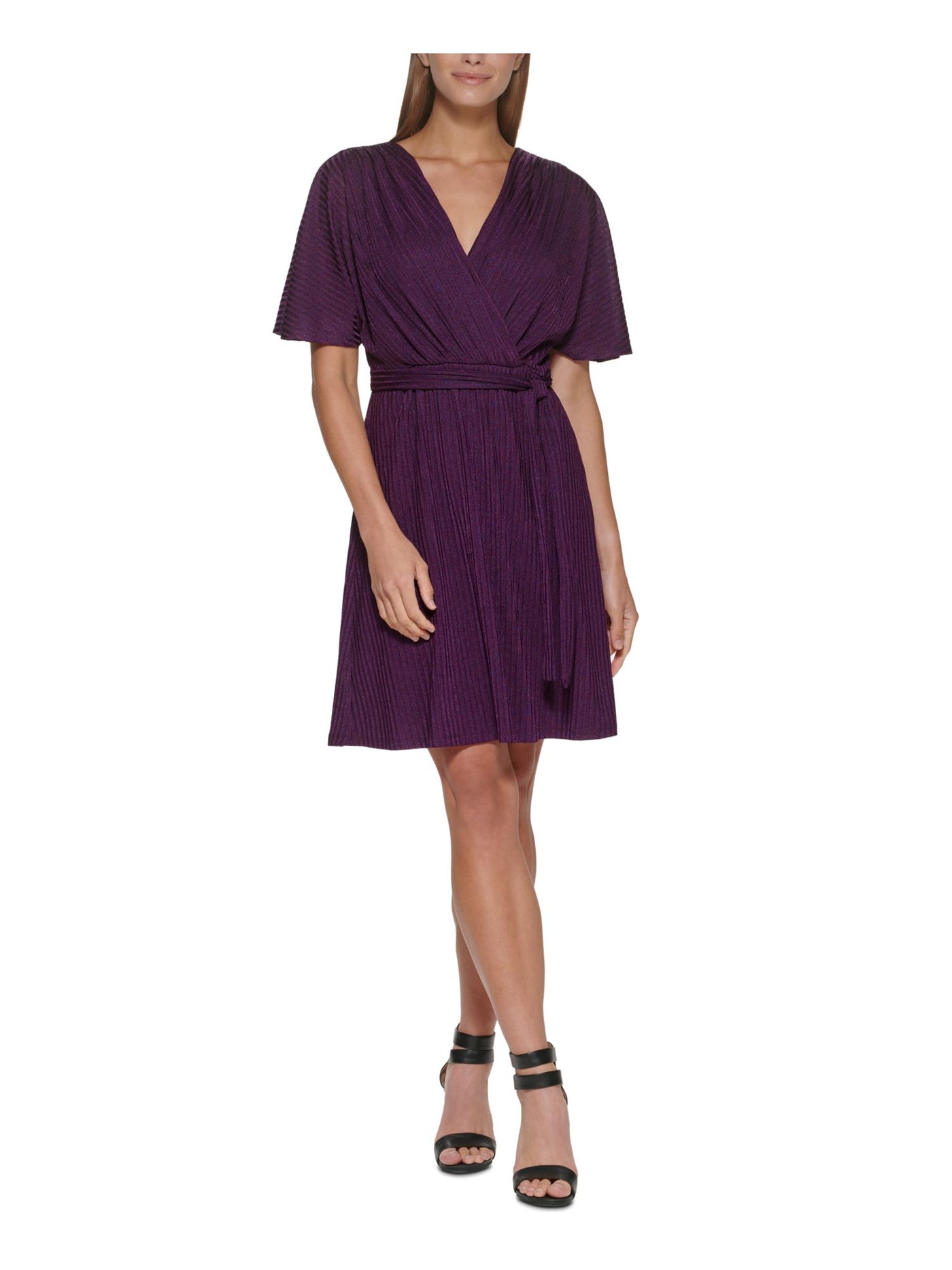 DKNY Womens Purple Stretch Zippered Belted Lined Short Sleeve Surplice Neckline Above The Knee Wear To Work Sheath Dress 8