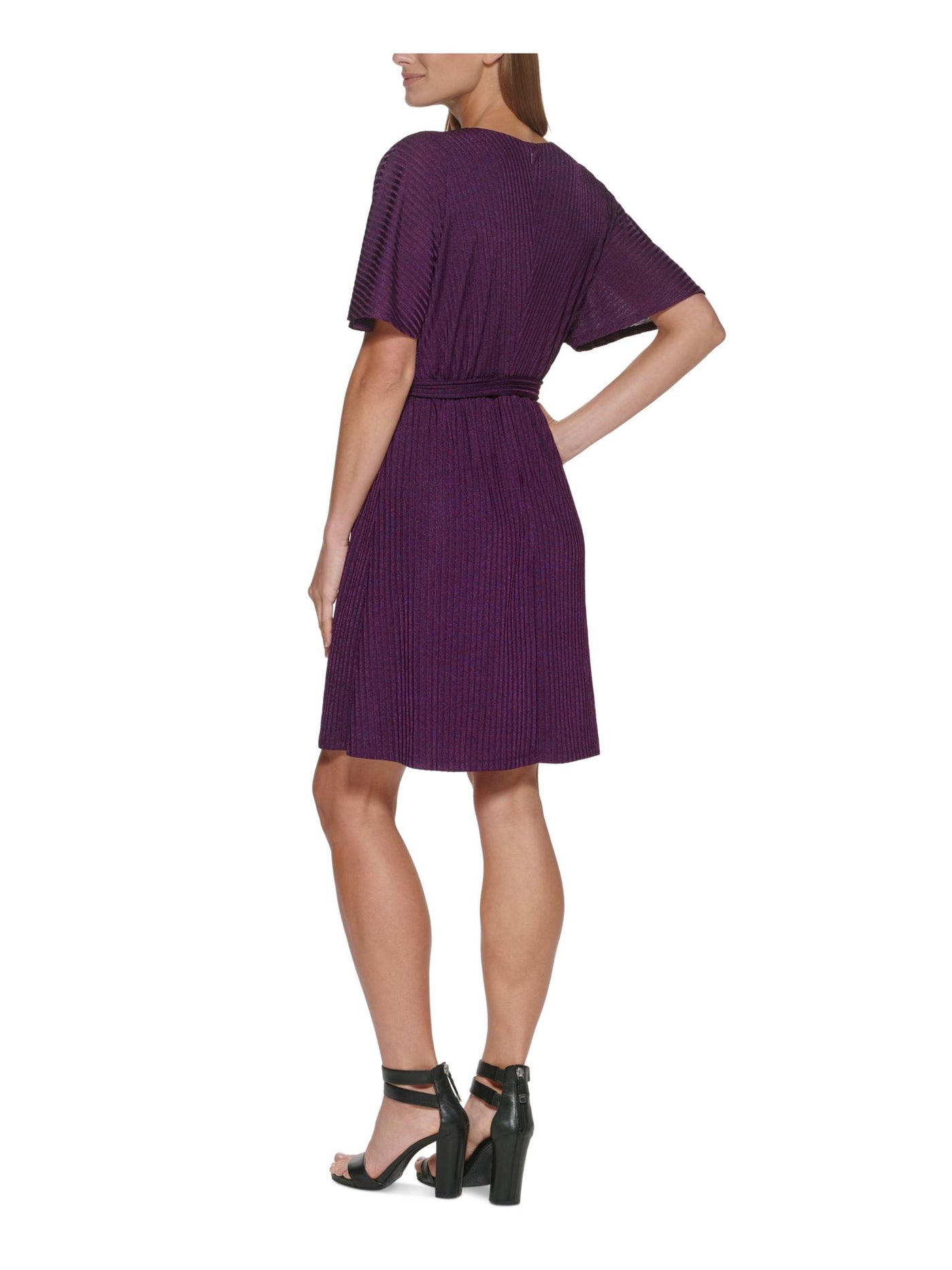 DKNY Womens Purple Stretch Zippered Belted Lined Short Sleeve Surplice Neckline Above The Knee Wear To Work Sheath Dress 8